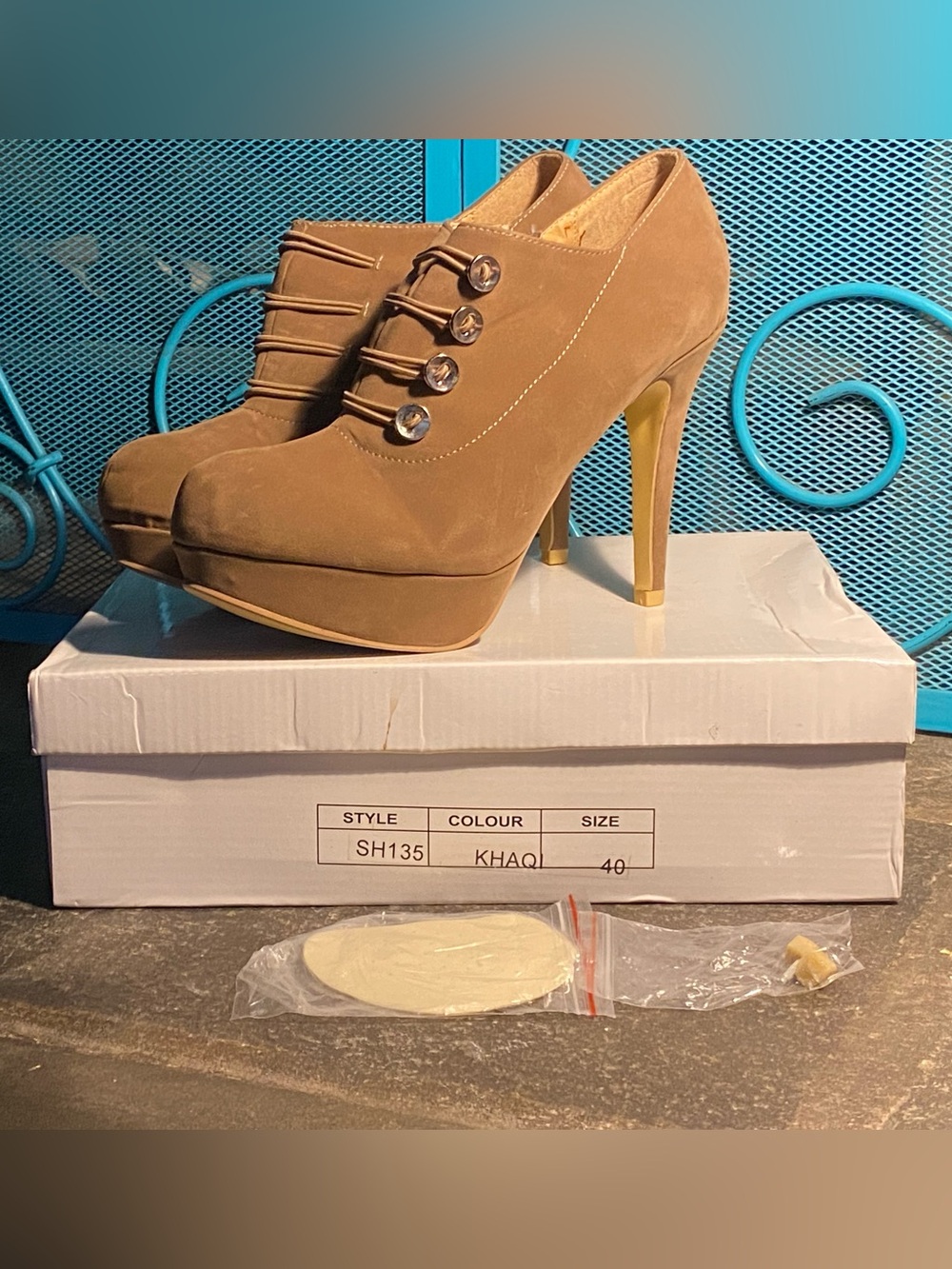 NIB UK tan velvet shoe booties,platform stilettos,faux corset lace up,EU 40,US 9